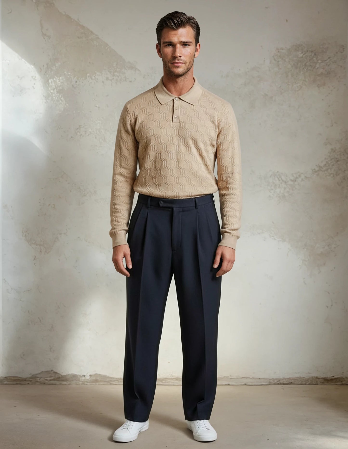 Hexagon Reverie Long Sleeve Knitted Polo Shirt in Beige