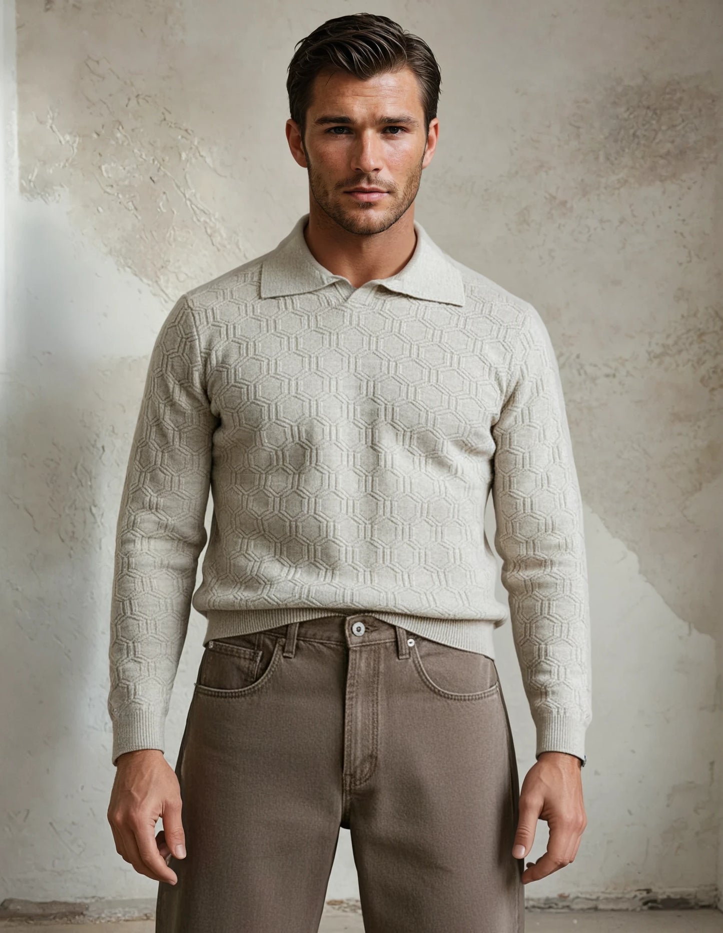 Hexagon Reverie Long Sleeve Knitted Polo Shirt in Grey