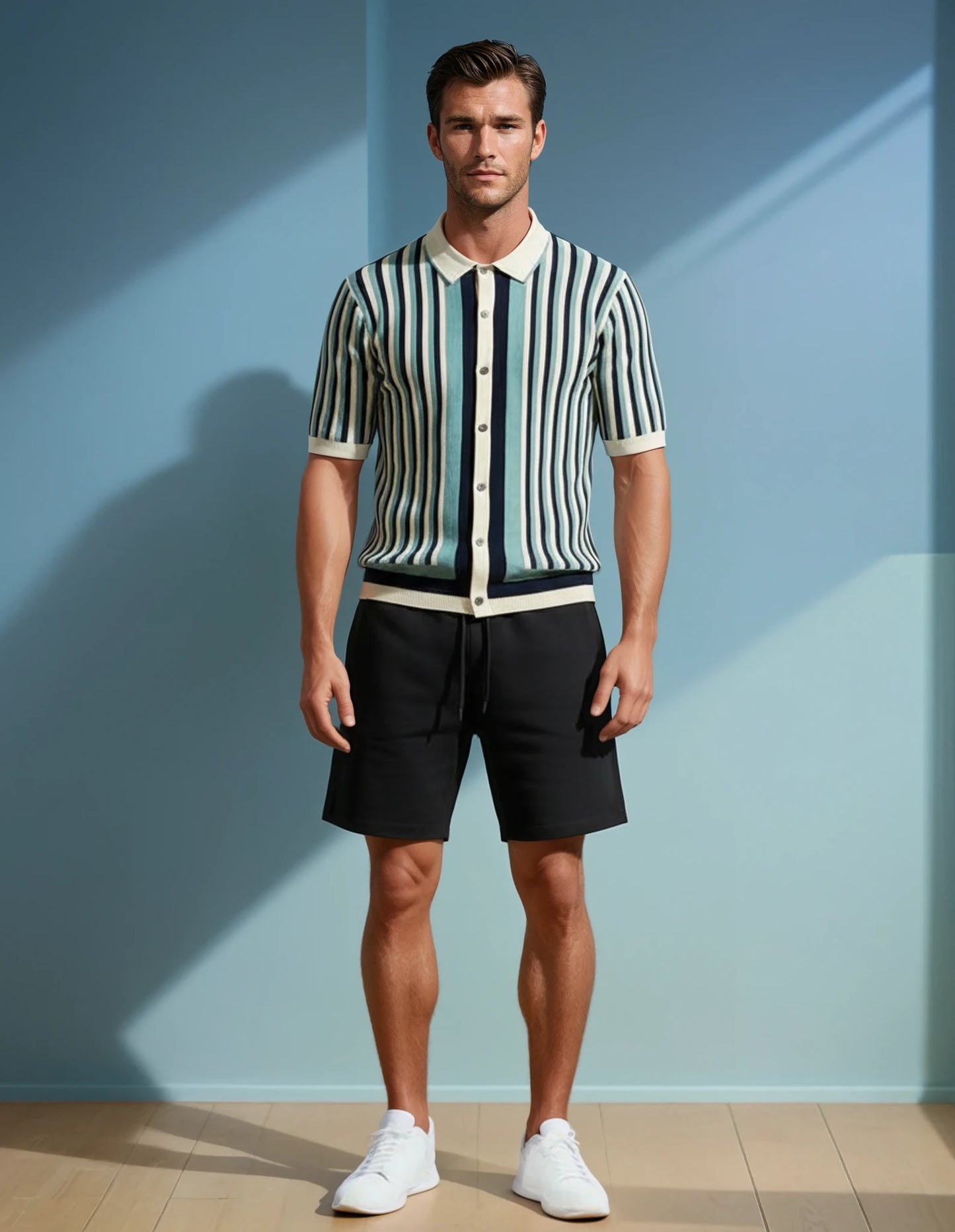Tide Stripe Knit Button Up Summer Shirt In Blue