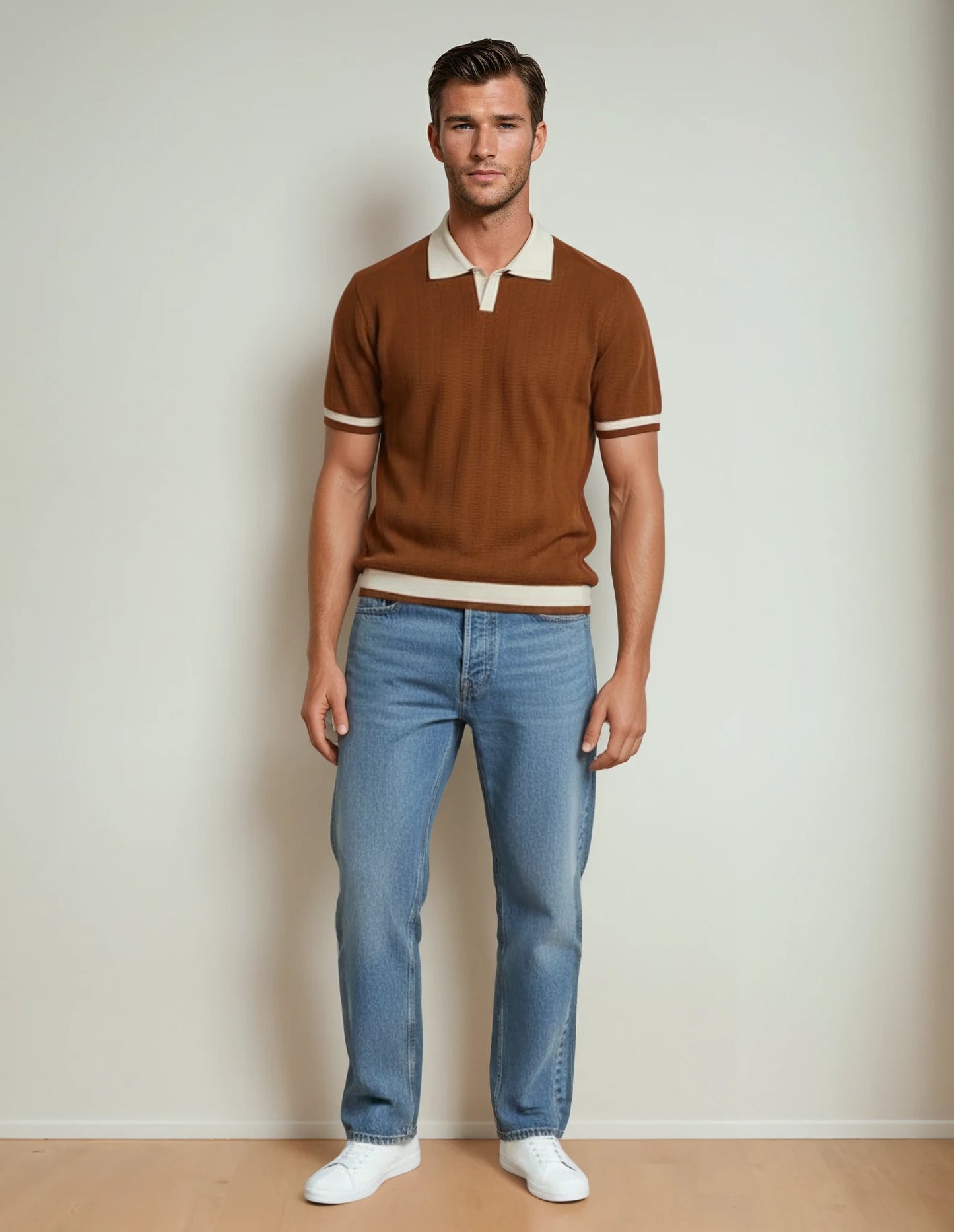 Kyoto Horizon Knitted Polo Shirt in Coffee Brown