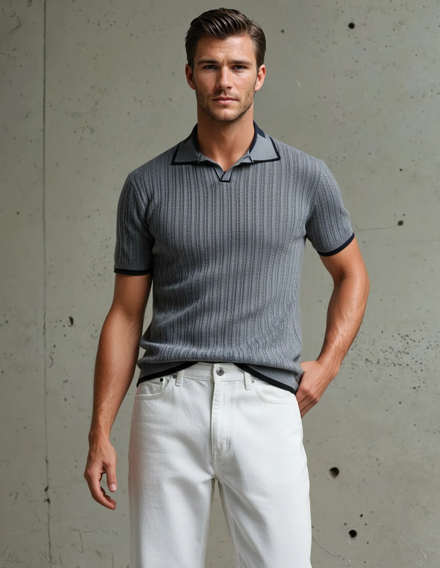 Striped Knitted Polo Shirt in Steel Blue