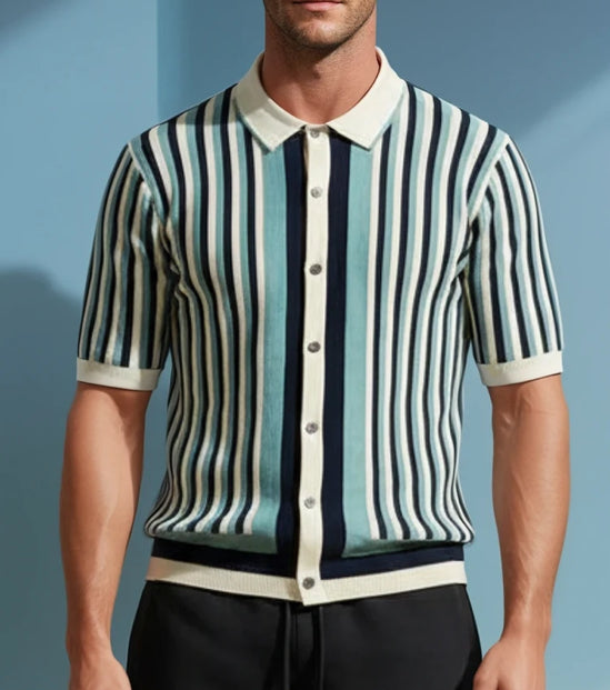 Tide Stripe Knit Button Up Summer Shirt In Blue