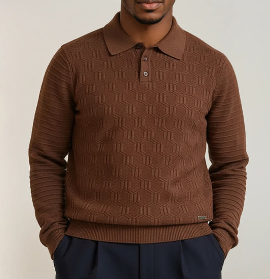 Hexagon Reverie Long Sleeve Knitted Polo Shirt in Maroon