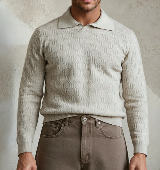Hexagon Reverie Long Sleeve Knitted Polo Shirt in Grey
