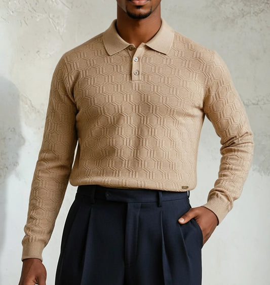Hexagon Reverie Long Sleeve Knitted Polo Shirt in Beige