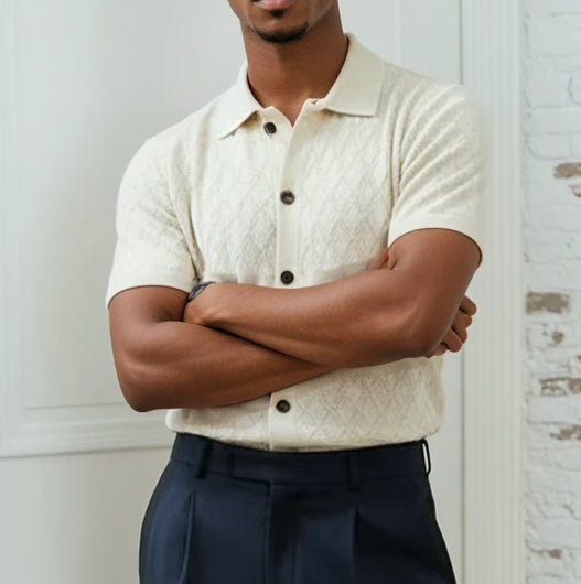 Celeste Diamond Knitted Button Up Shirt In Ivory