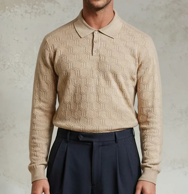 Hexagon Reverie Long Sleeve Knitted Polo Shirt in Beige