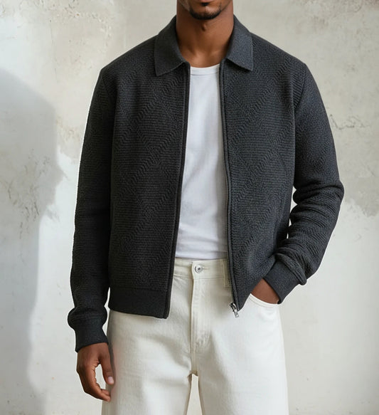 Midnight Black Diamond Zip Up Knitted Cardigan