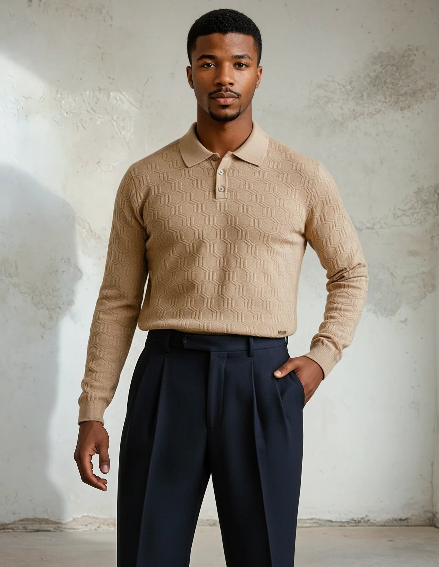 Hexagon Reverie Long Sleeve Knitted Polo Shirt in Beige