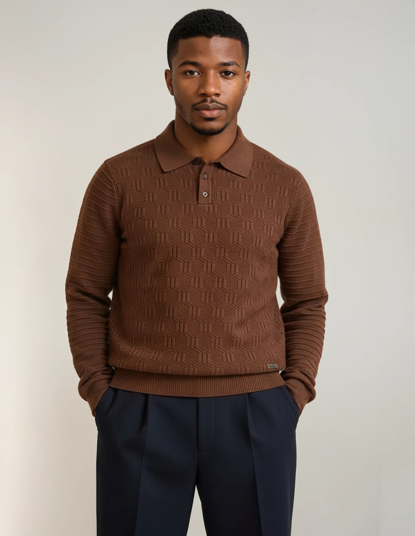 Hexagon Reverie Long Sleeve Knitted Polo Shirt in Maroon