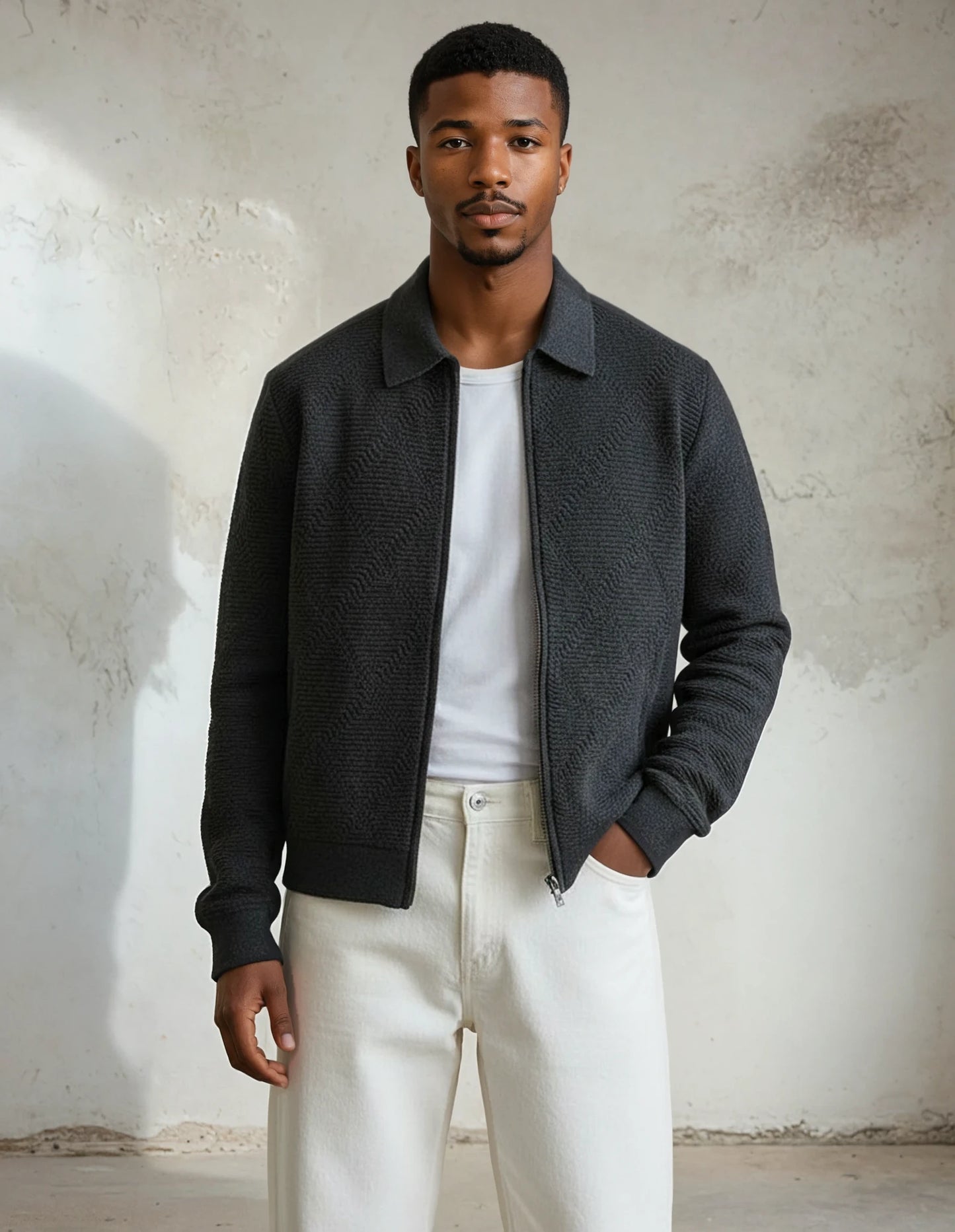 Midnight Black Diamond Zip Up Knitted Cardigan